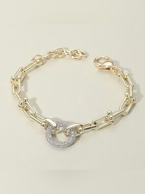 14K Gold Plated CZ Stone Paved Ring Accent Industrial Chain Link Bracelet